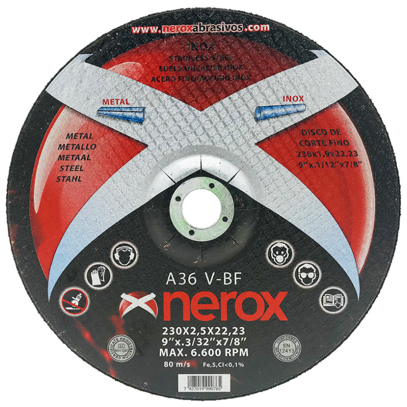 DISCO DE CORTE  ( NEROX )  A36 V-BF               230x2.5x22,2   INOX / METAL.   ( Cóncavo )